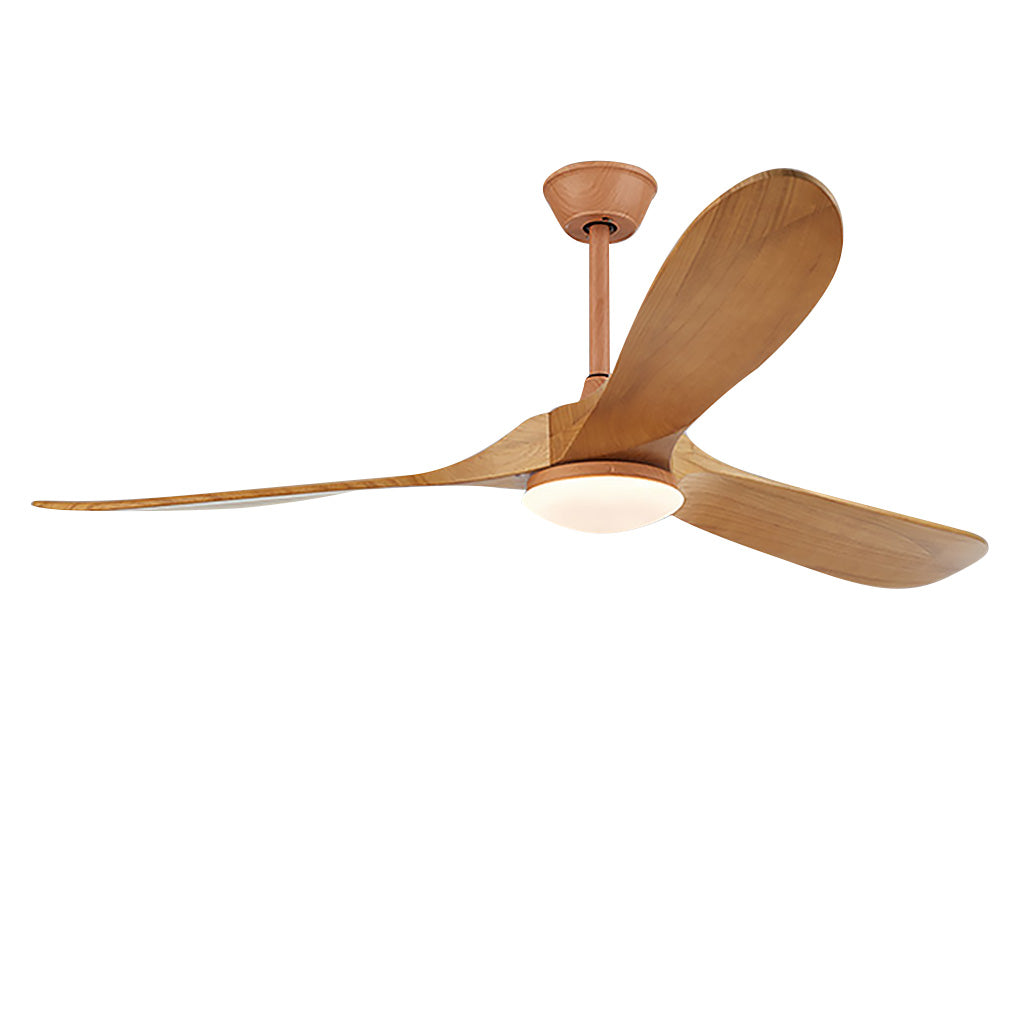 Modern wood ceiling fan with light illuminating a cozy study room.