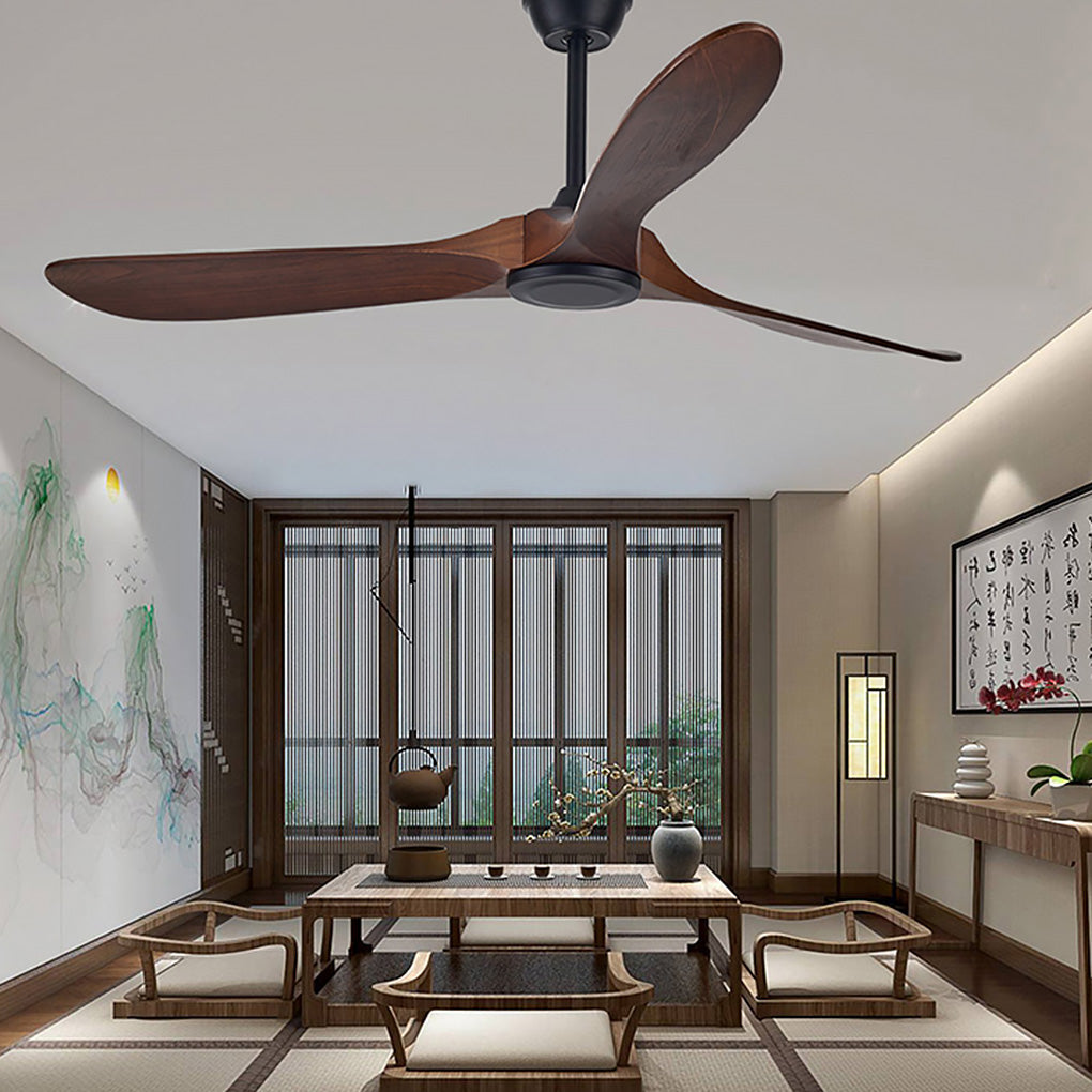 Modern wood ceiling fan with light enhancing a minimalist interior with warm light.