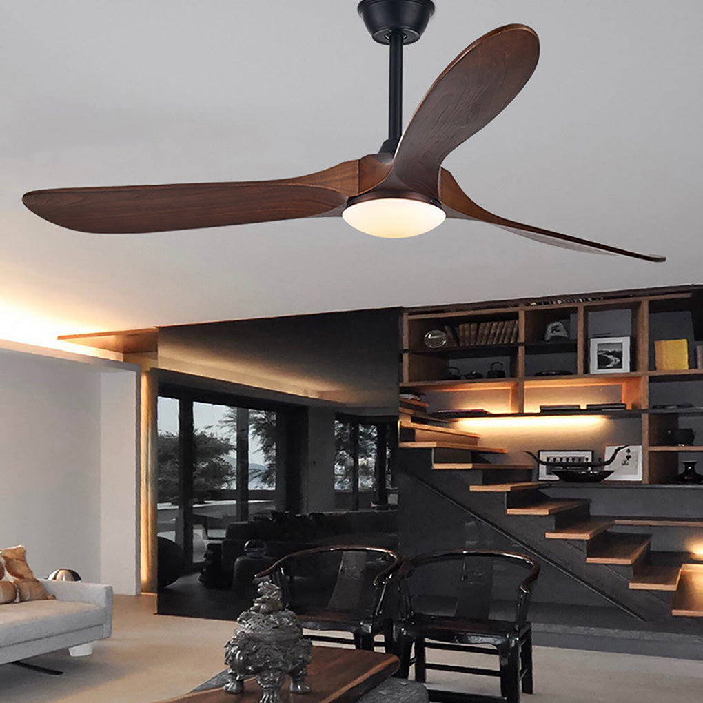 Modern wood ceiling fan with light providing soft illumination in a modern living room.