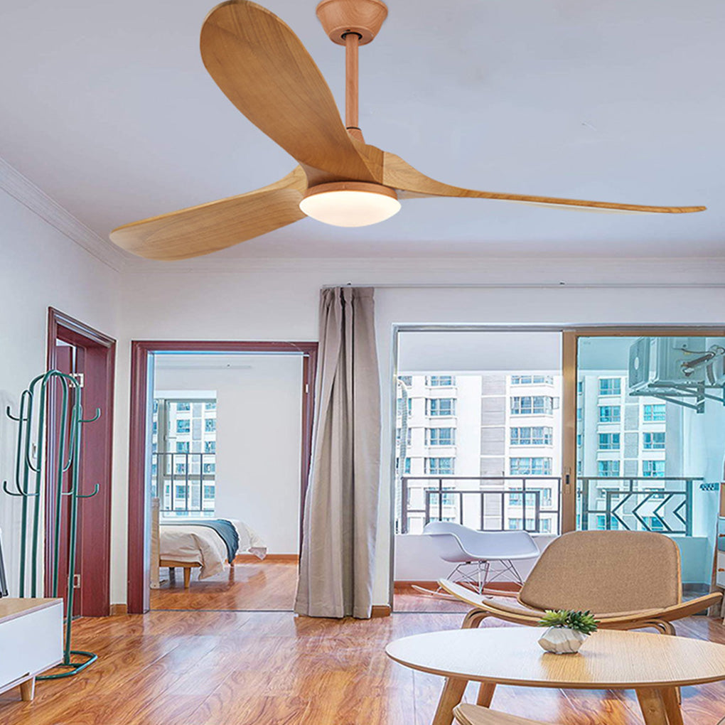 Modern wood ceiling fan with light providing elegant illumination in a spacious room.