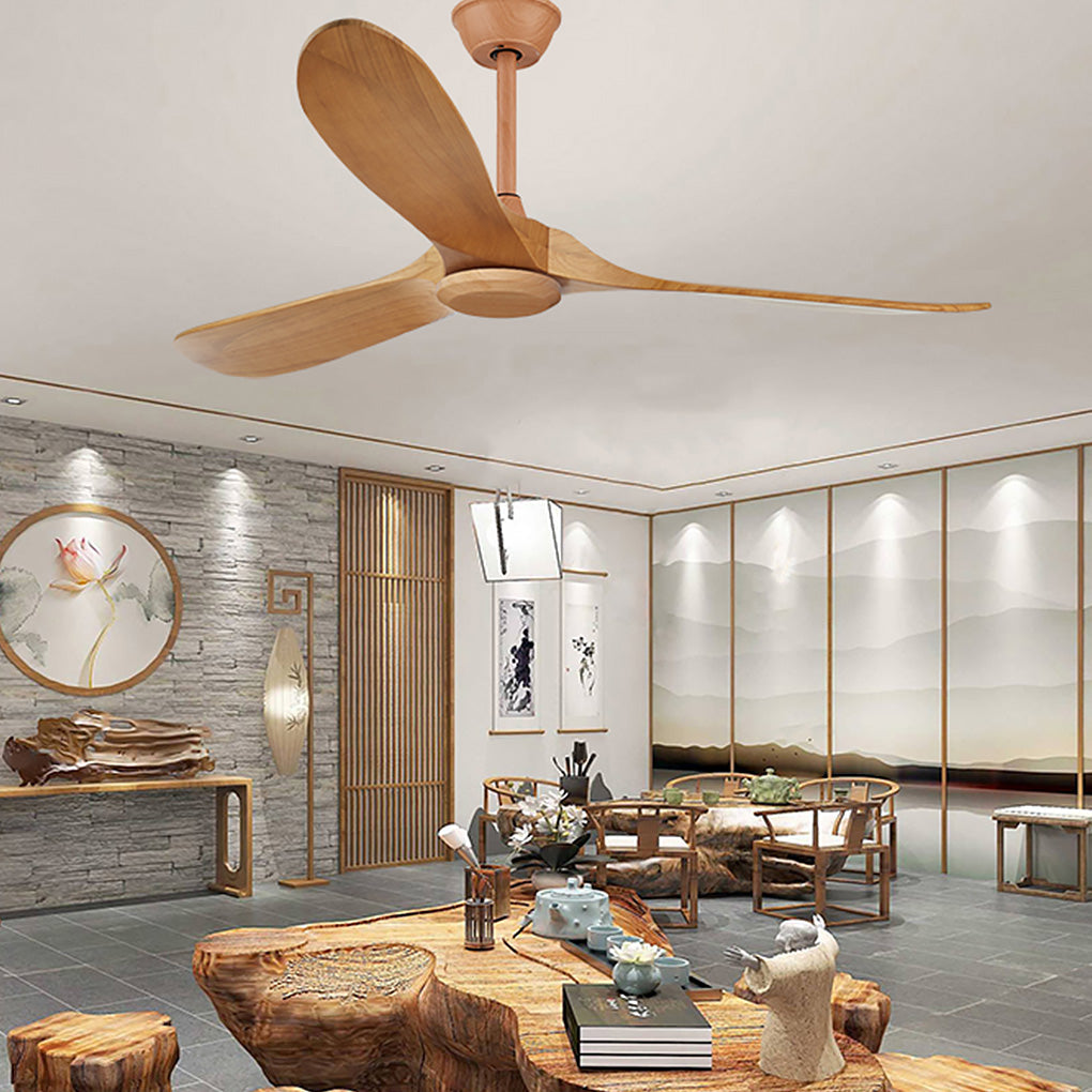 Modern wood ceiling fan with light illuminating a stylish dining room.