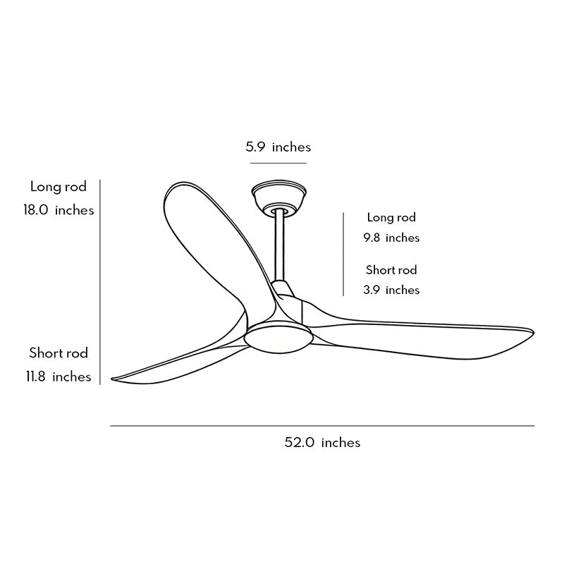 Technical diagram showing dimensions and structure of modern wood ceiling fan with light models.
