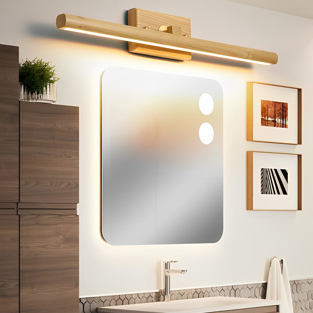Modern wood bathroom vanity light with warm LED glow above sink area.