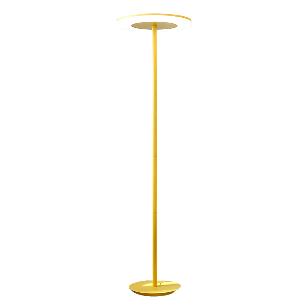 Modern colored floor lamp in vibrant yellow featuring sleek pole design with circular LED head