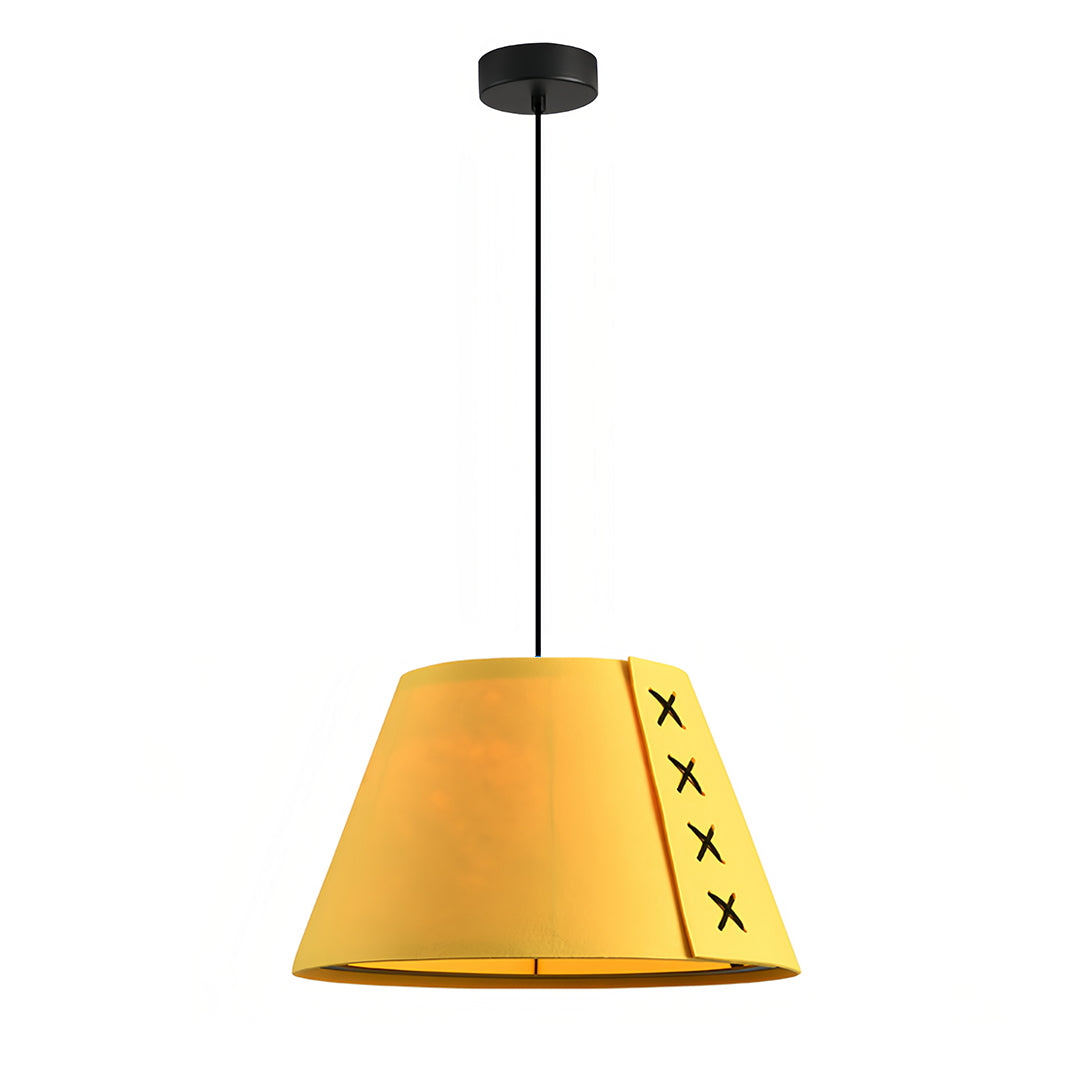 Modern yellow felt fabric hanging pendant light with contrast black stitching close-up view 