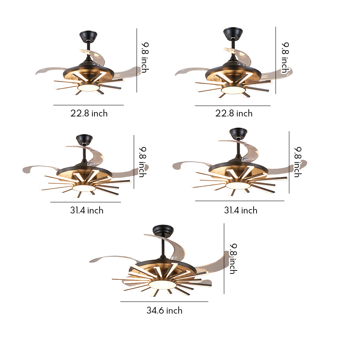 Black modern ceiling fan with light showing two size options with retractable blades and crystal accents, displayed with measurements