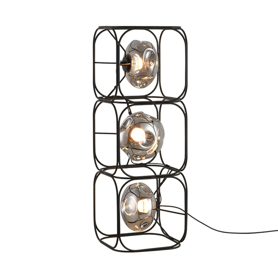 Modular cube table lamp system with interconnected geometric frames creating vertical lighting arrangement