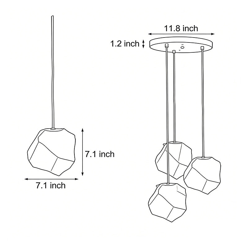 Line drawing of molten rock pendant light dimensions, providing installation specifications.