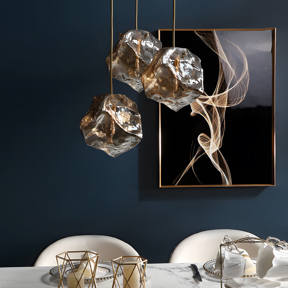 Molten rock pendant light illuminating a modern living space with ambient light.