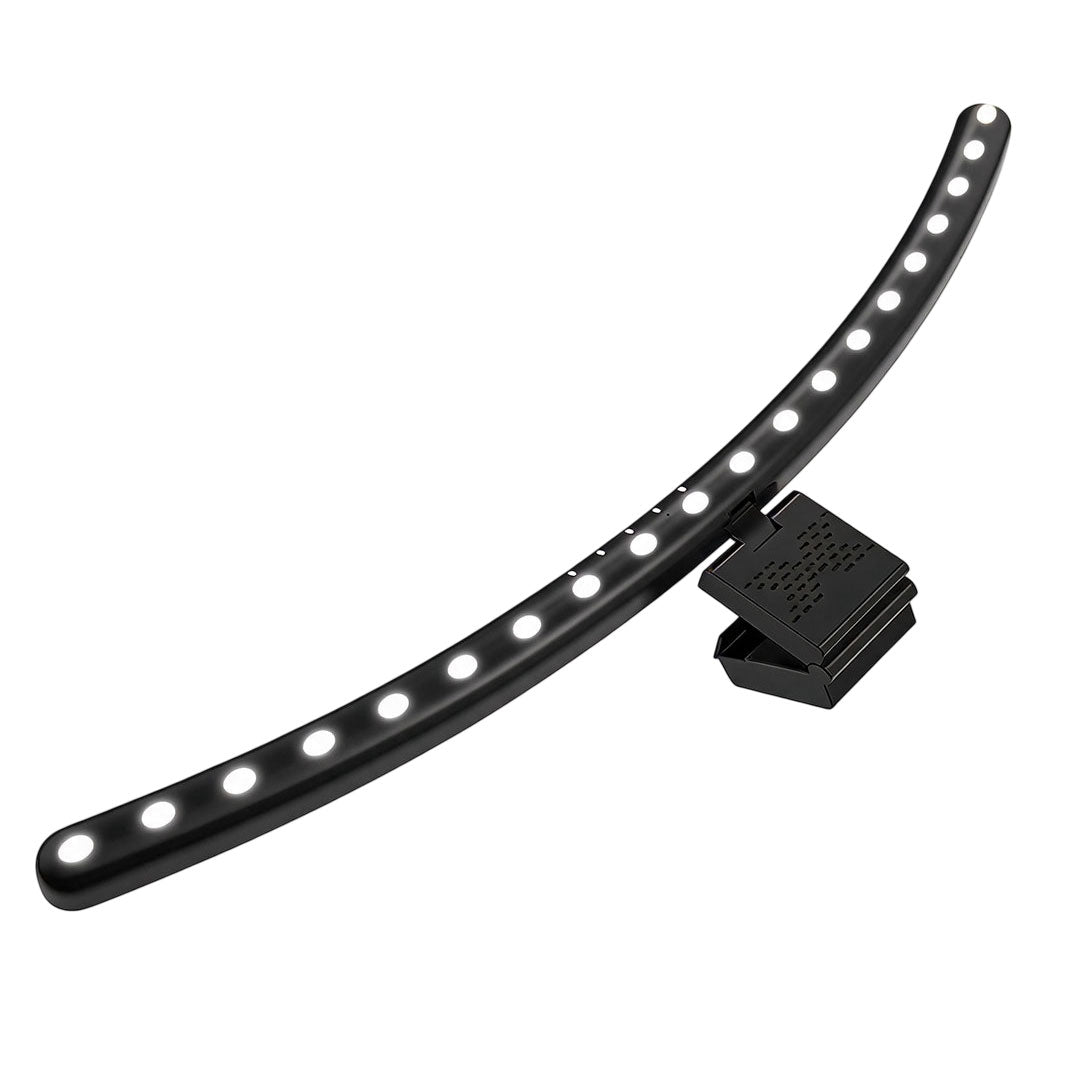 Monitor LED light bar product view showing a curved black lamp body, LED beads, and mounting clip.