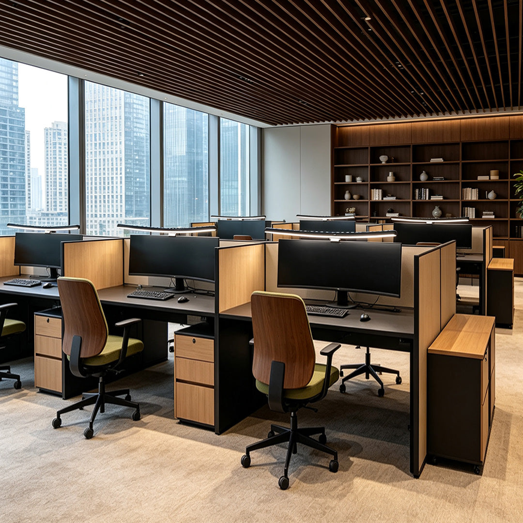 Monitor LED light bars providing task lighting across multiple workstations in a modern open office.