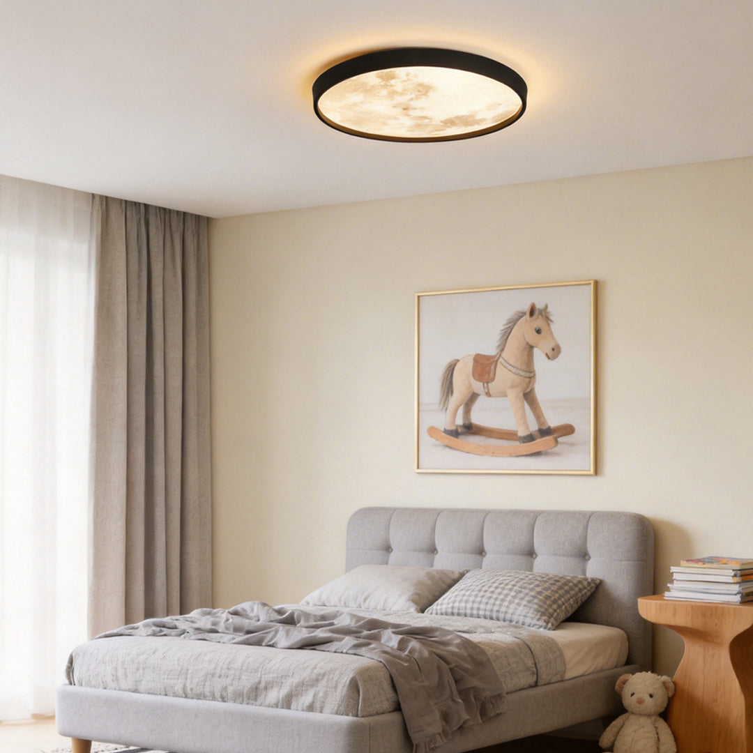Moon ceiling light enhancing a contemporary bedroom with elegant directional light.