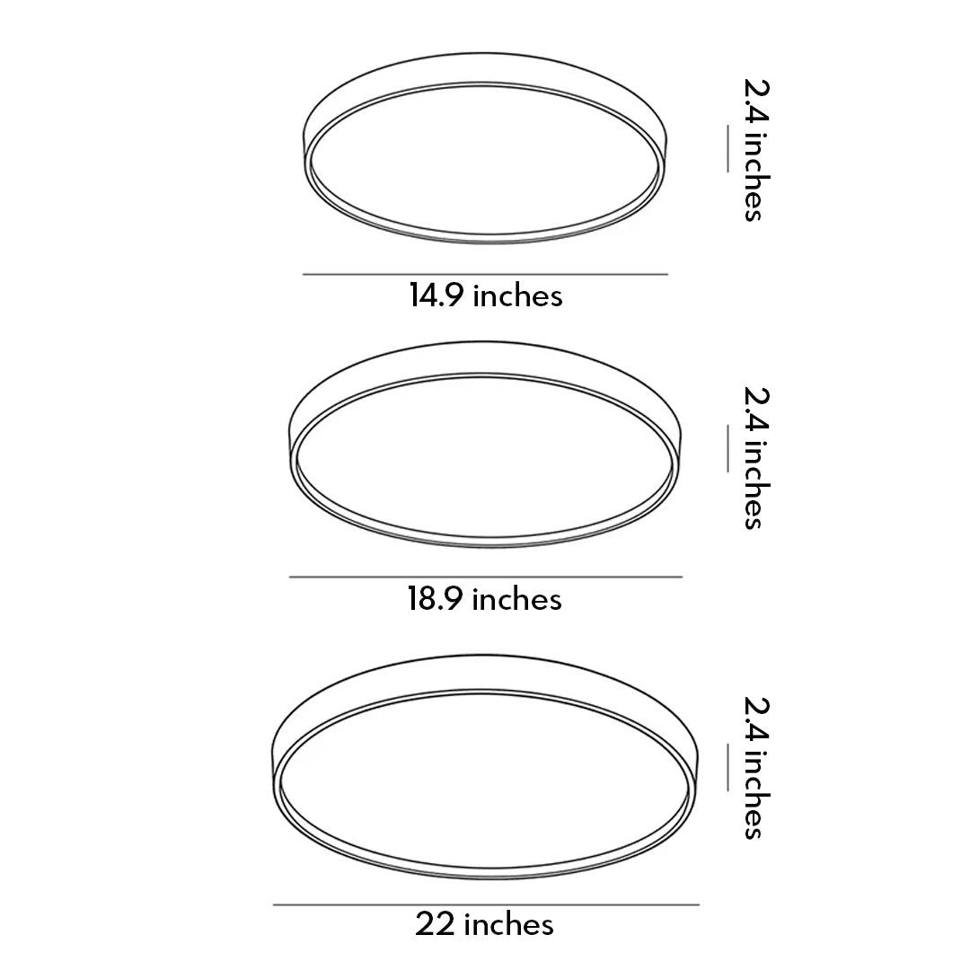 Dimension diagram of a moon ceiling light showing 14.9-inch, 18.9-inch, and 22-inch size options with 2.4-inch height.