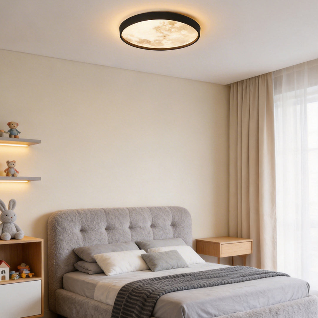 Moon ceiling light illuminating a modern bedroom with warm ambient glow.