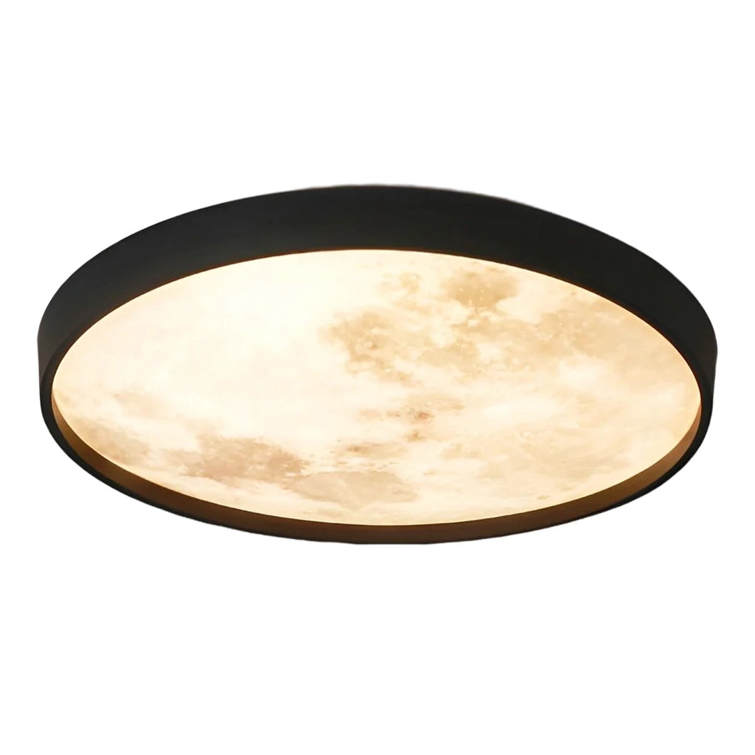 Moon ceiling light with a slim black round frame and glowing lunar-style diffuser shown on a white background.