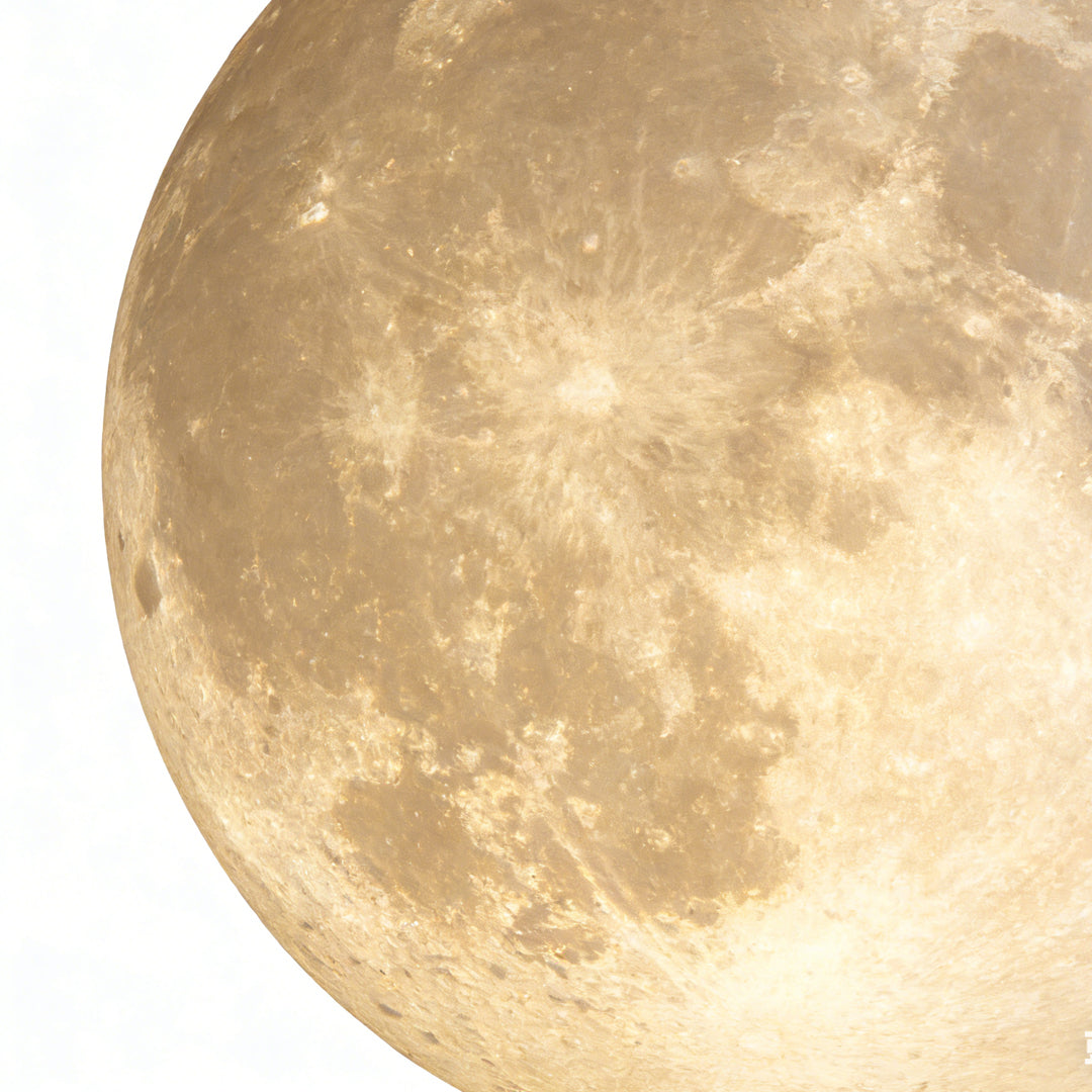 Cool white moon globe pendant light hanging in bedroom corner.