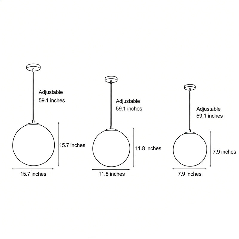 Moon globe pendant light dimension drawing with adjustable hanging height.
