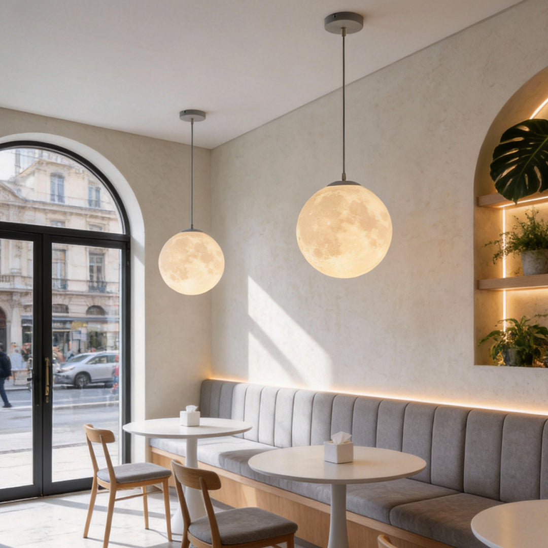 Moon globe pendant light hanging above restaurant booth seating area.
