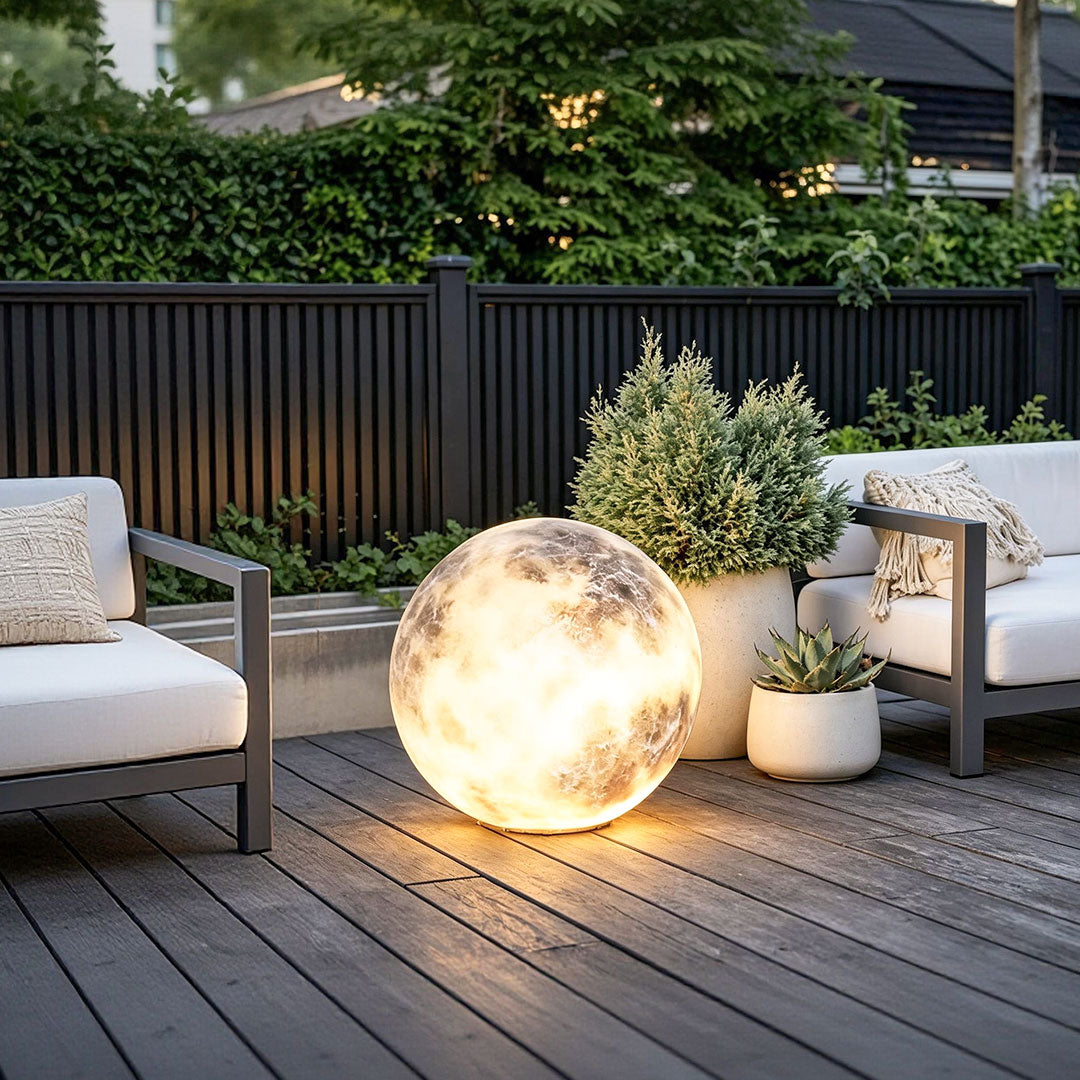 Moon light features a realistic 3D textured design, offering a decorative garden globe fixture with soft ambient LED illumination for outdoor spaces.