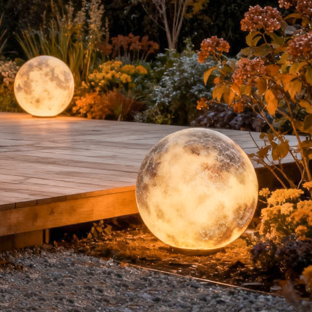 Moon light placed beside a wooden patio deck outdoors