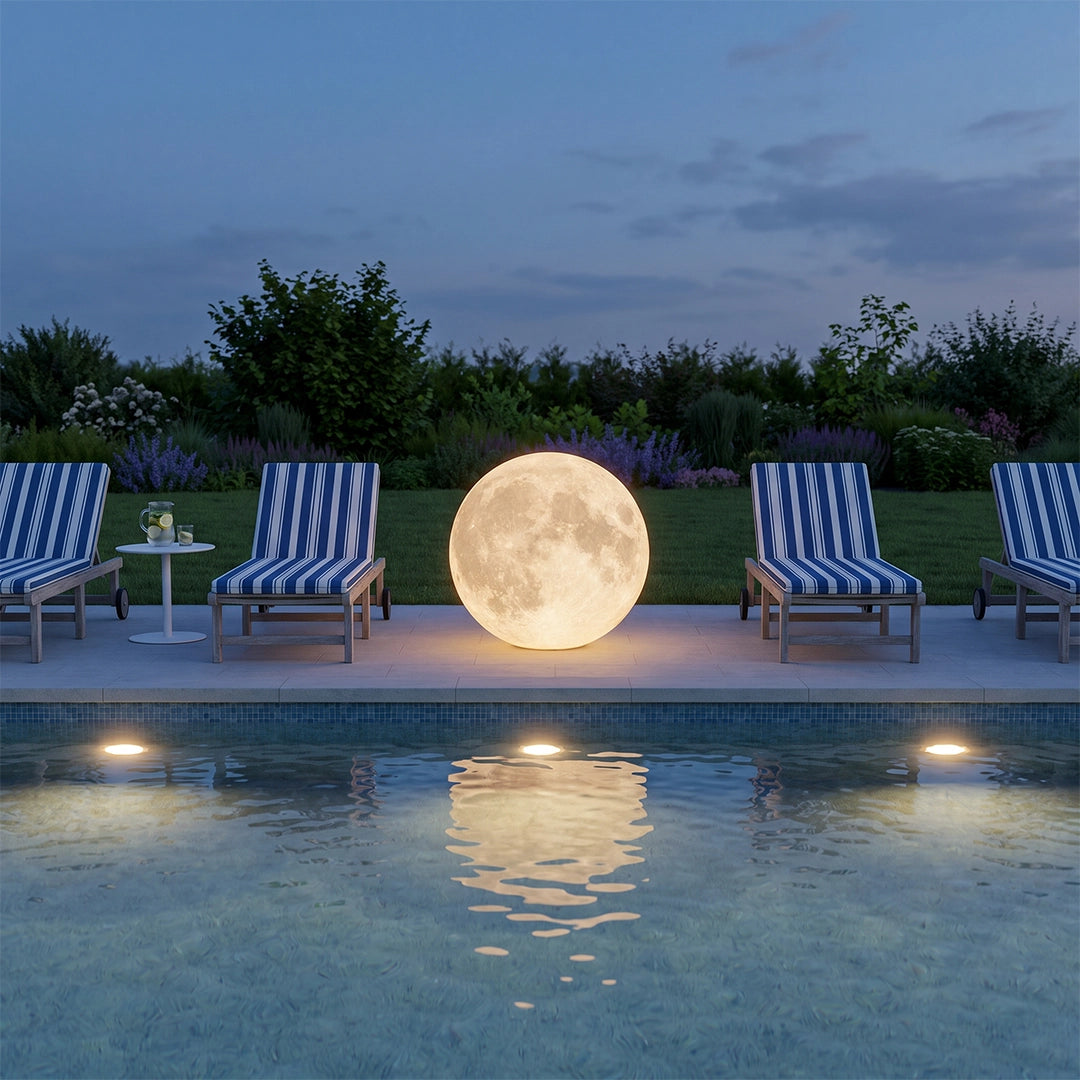 Moon light illuminating a poolside lounge area at dusk with reflections shimmering across the water.