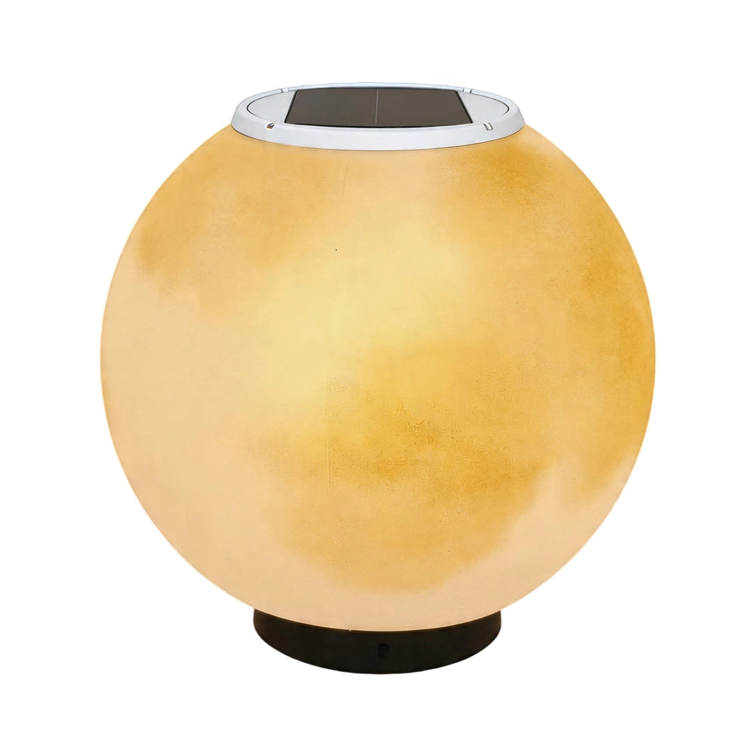Moon pillar light in a white background product view with a large glowing globe design and dark base.