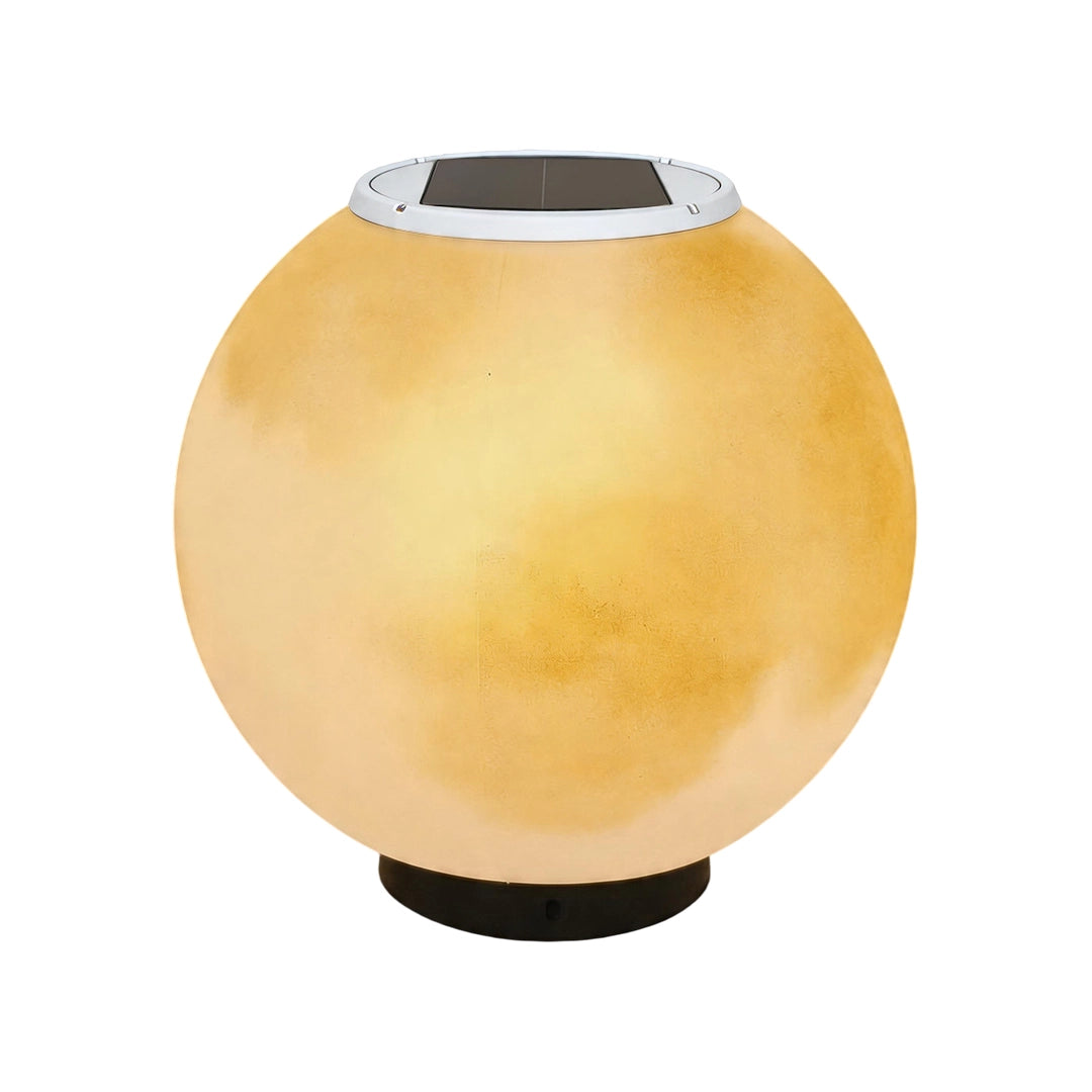 Moon pillar light in a white background product view featuring a warm illuminated globe with a round black base.