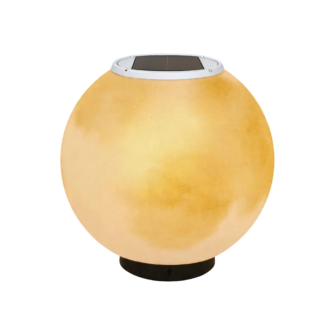 Moon pillar light in a white background product view with a glowing spherical shade and black base.