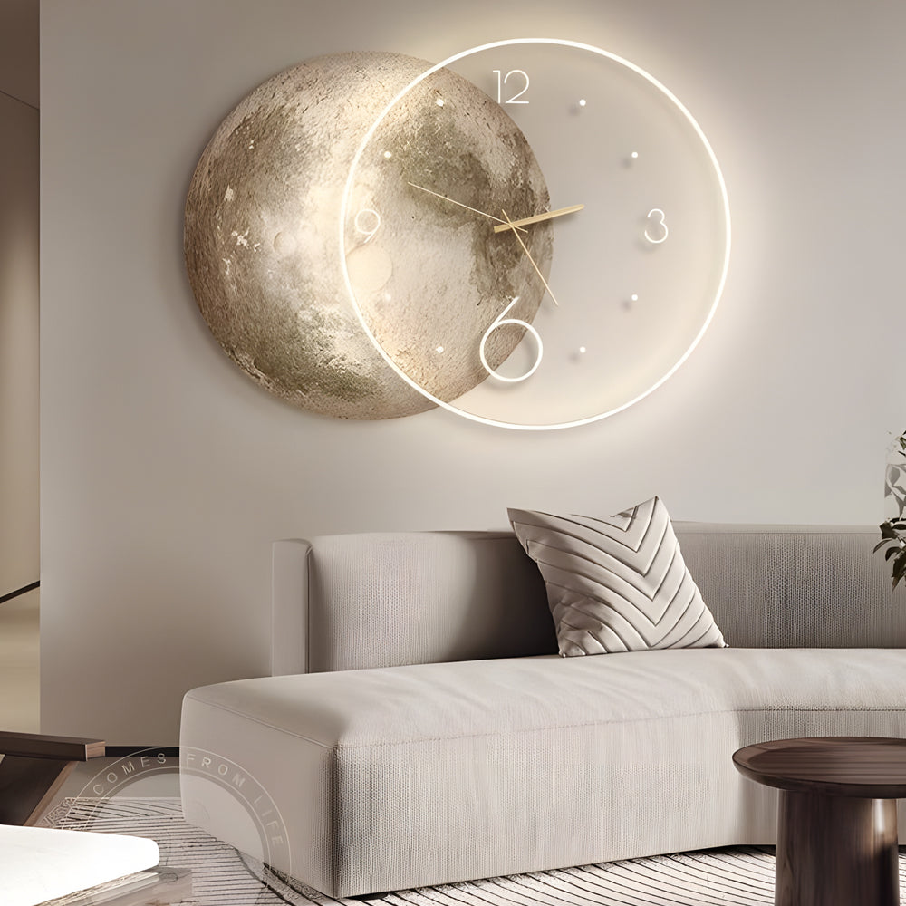 Close-up of a moon wall clock light showcasing its detailed moon surface and illuminated ring.