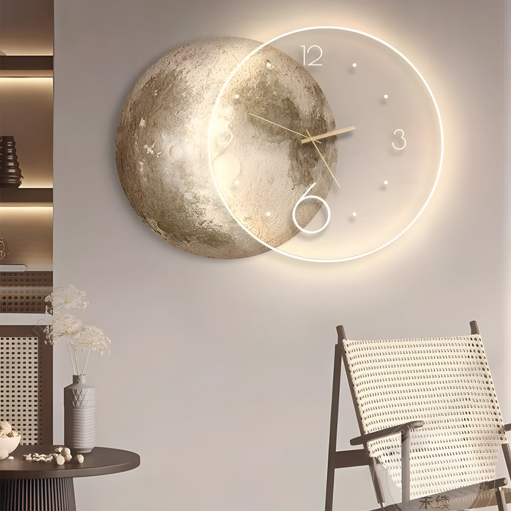 Moon wall clock light with a realistic moon surface, mounted on a white wall.