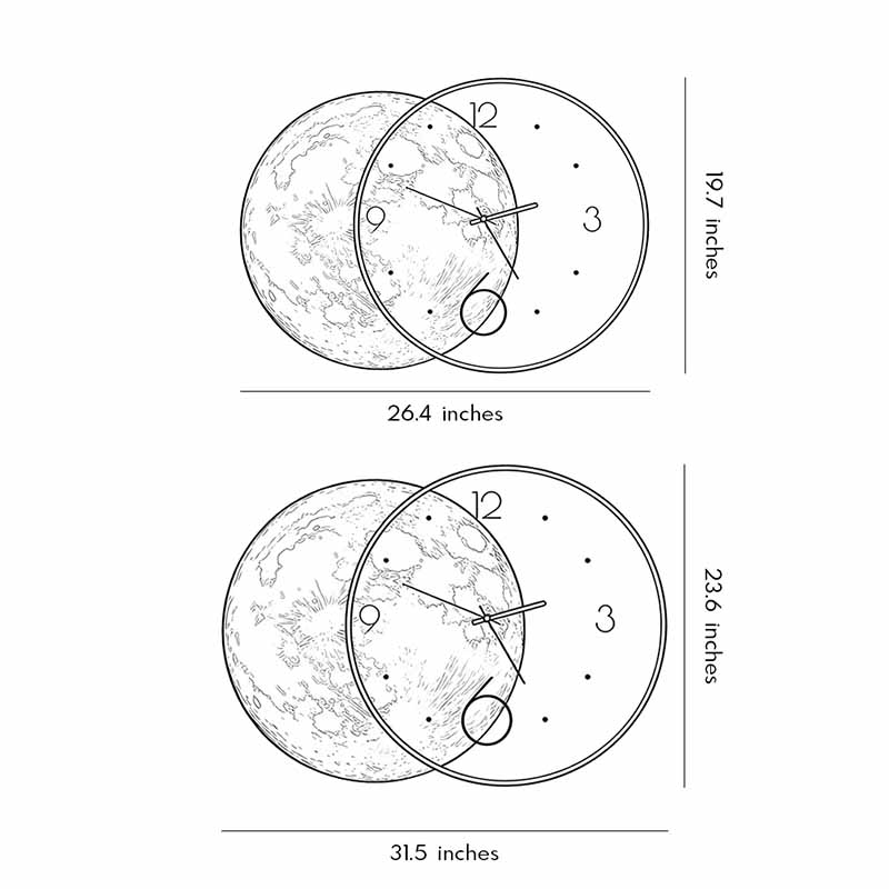 Technical diagram of moon wall clock light showing dimensions and installation details.