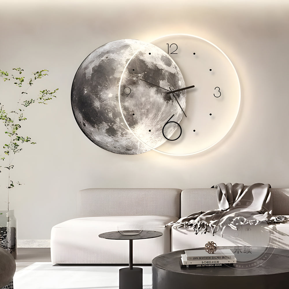 Moon wall clock light with a warm glow, enhancing the ambiance of a modern interior.