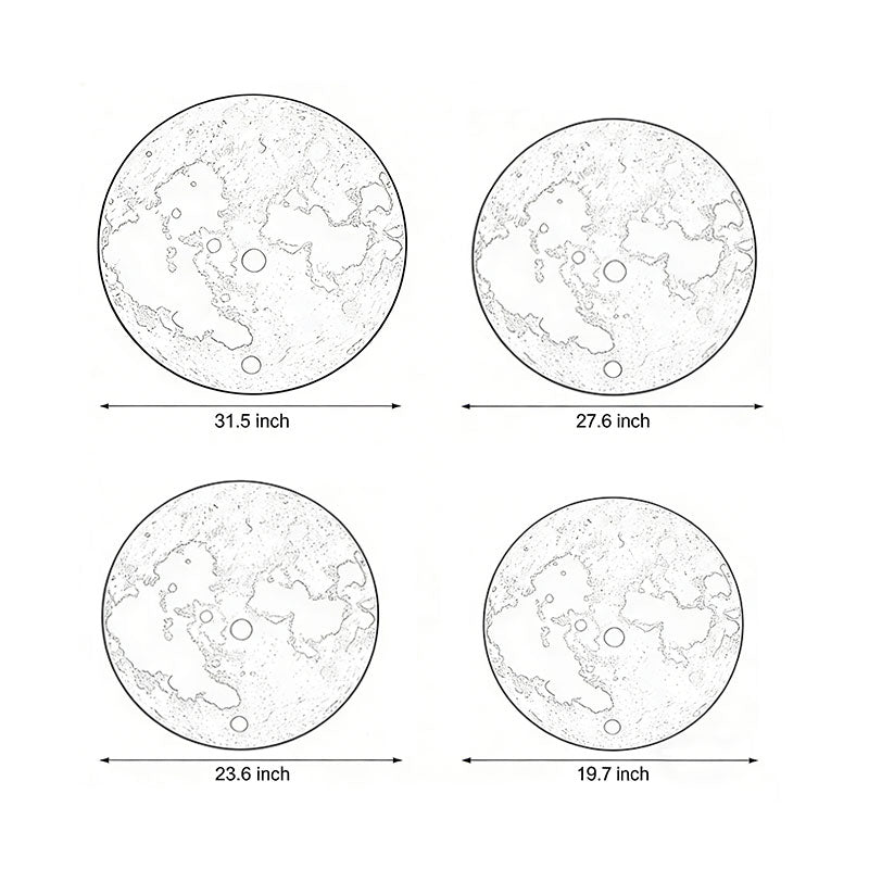 Moon wall lamp dimensions, front view with size specifications for various diameters.