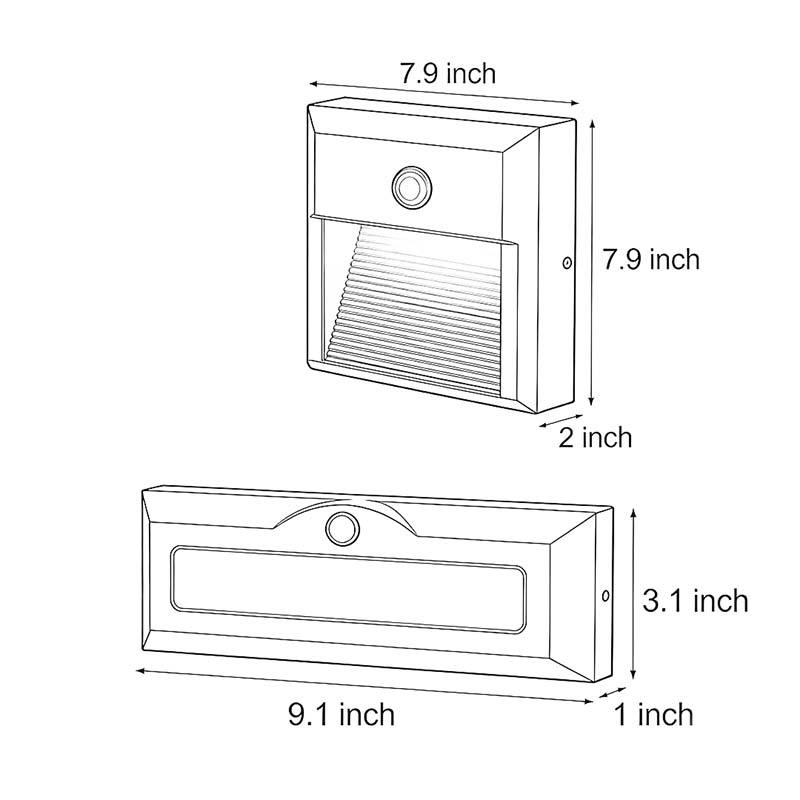 Line drawing of motion sensor LED step lights dimensions, providing installation specifications.