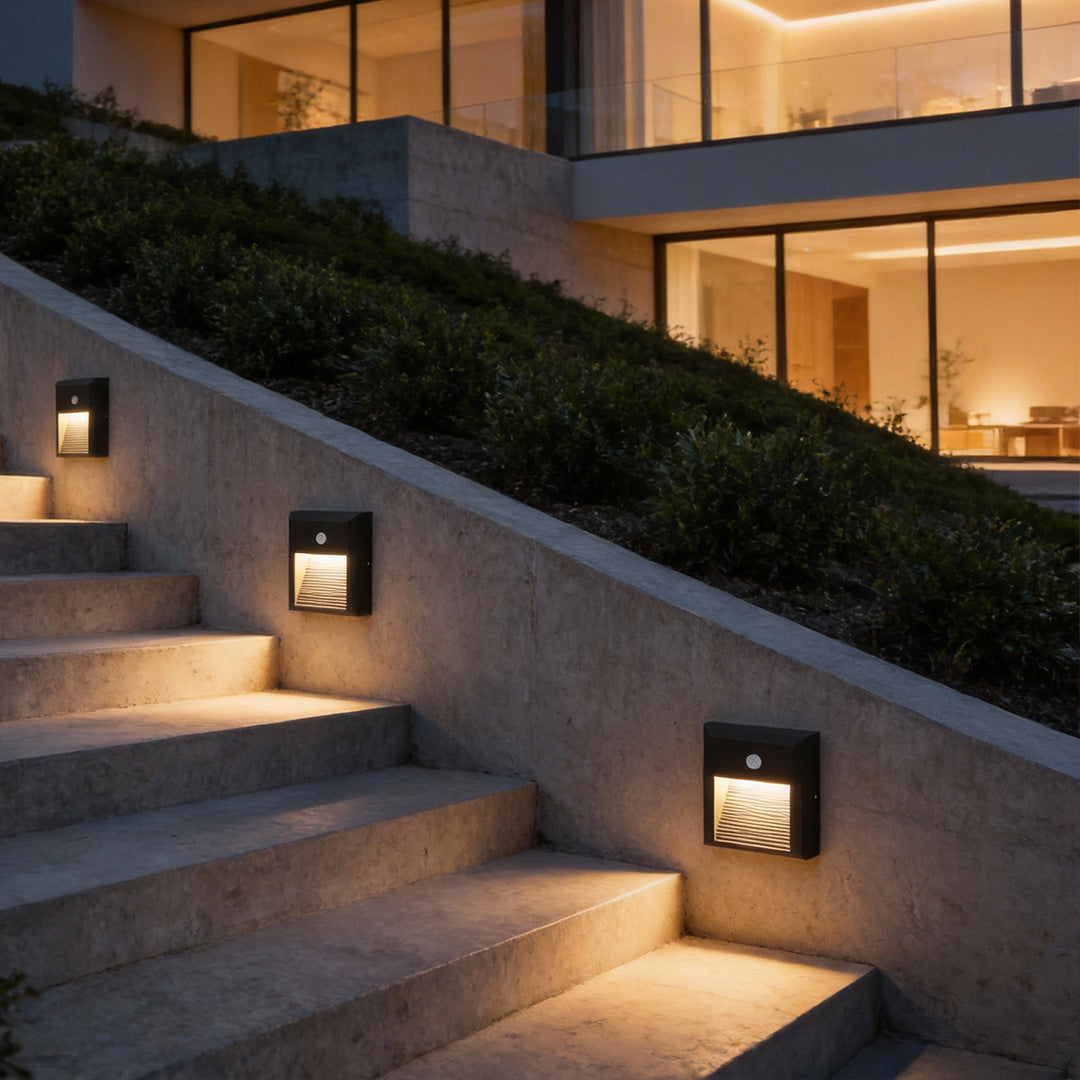 motion sensor LED step light on modern outdoor stairs