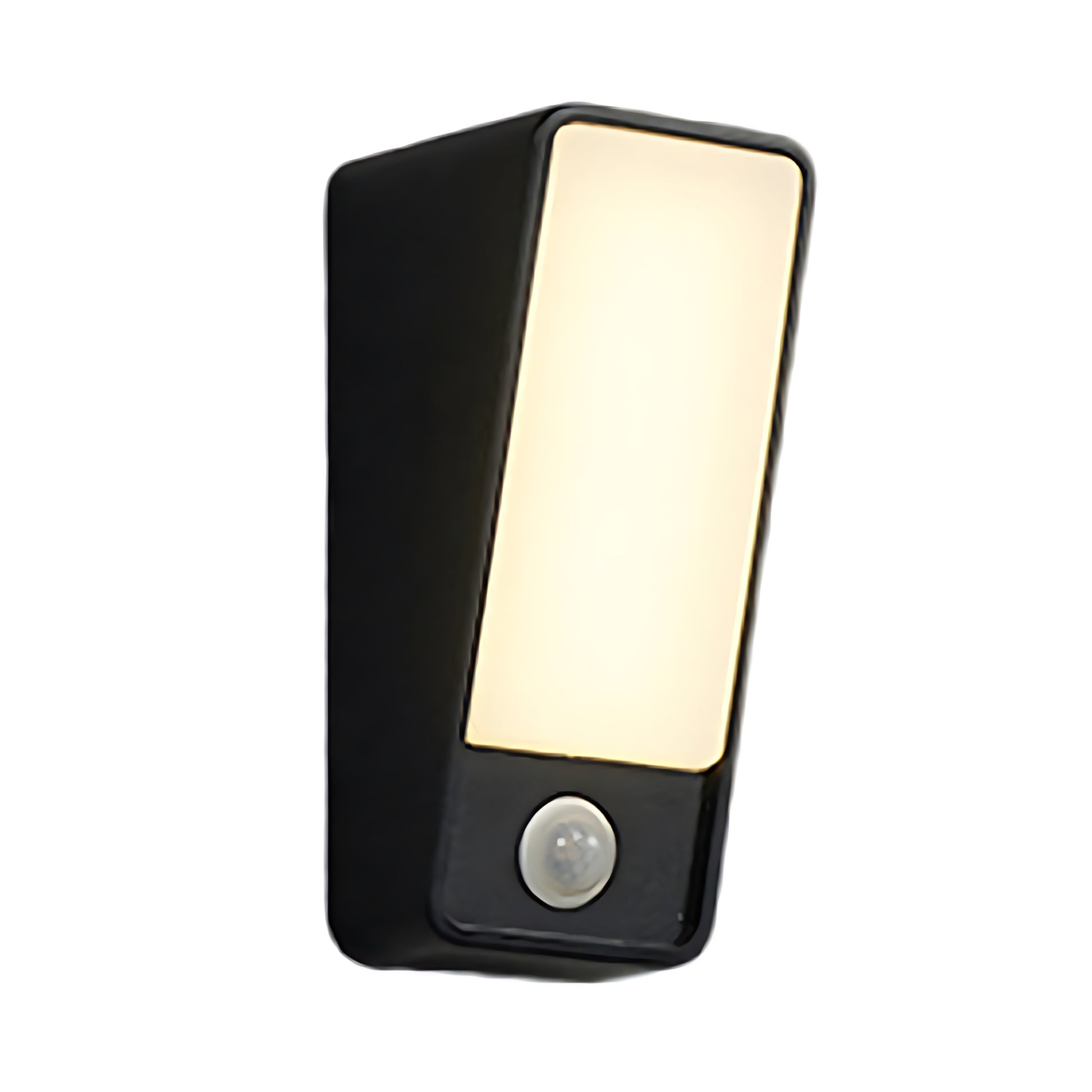 Motion sensor wall light with PIR detector and warm LED illumination in black housing