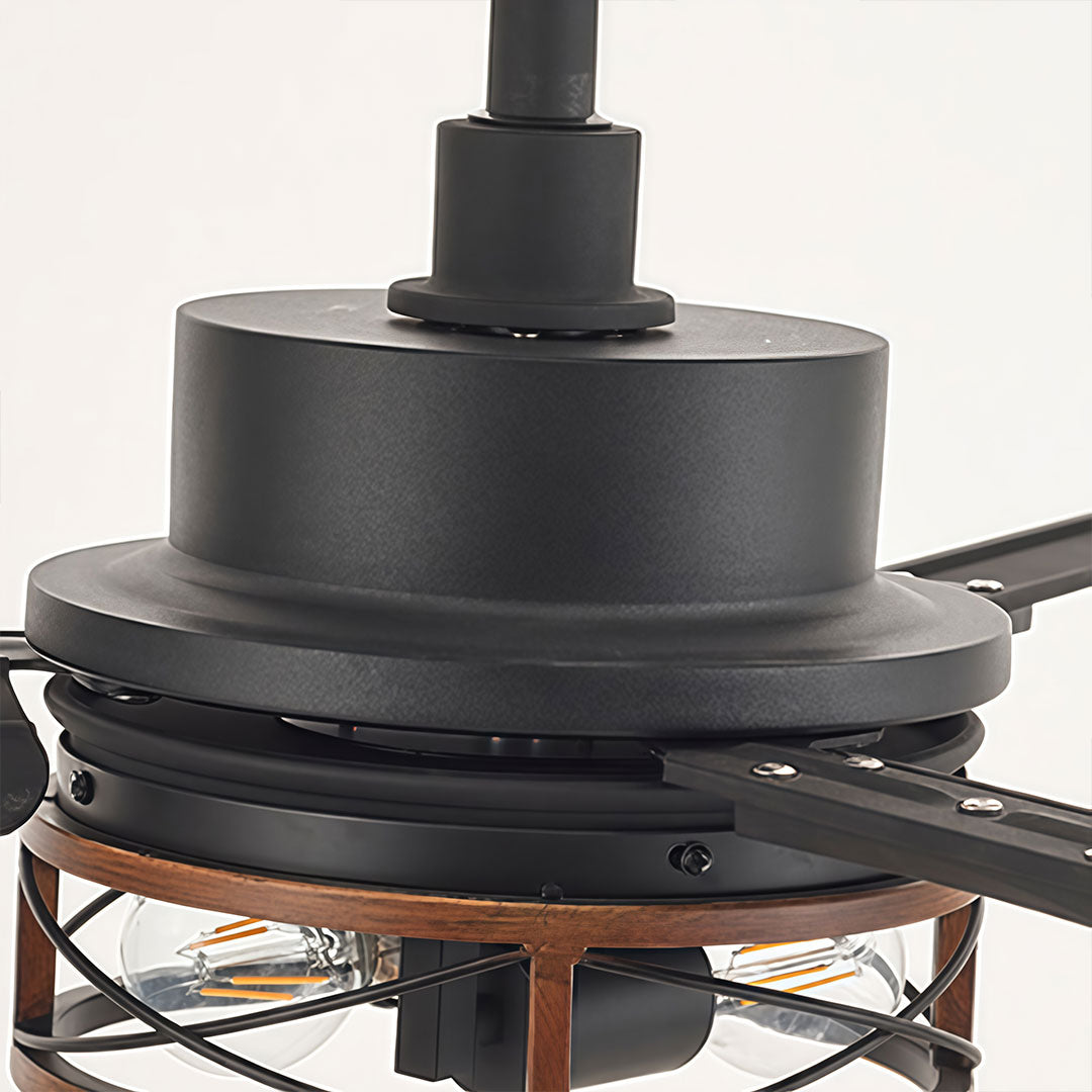 Close-up of black ceiling fan with lighting showing the matte motor housing and blade connections.