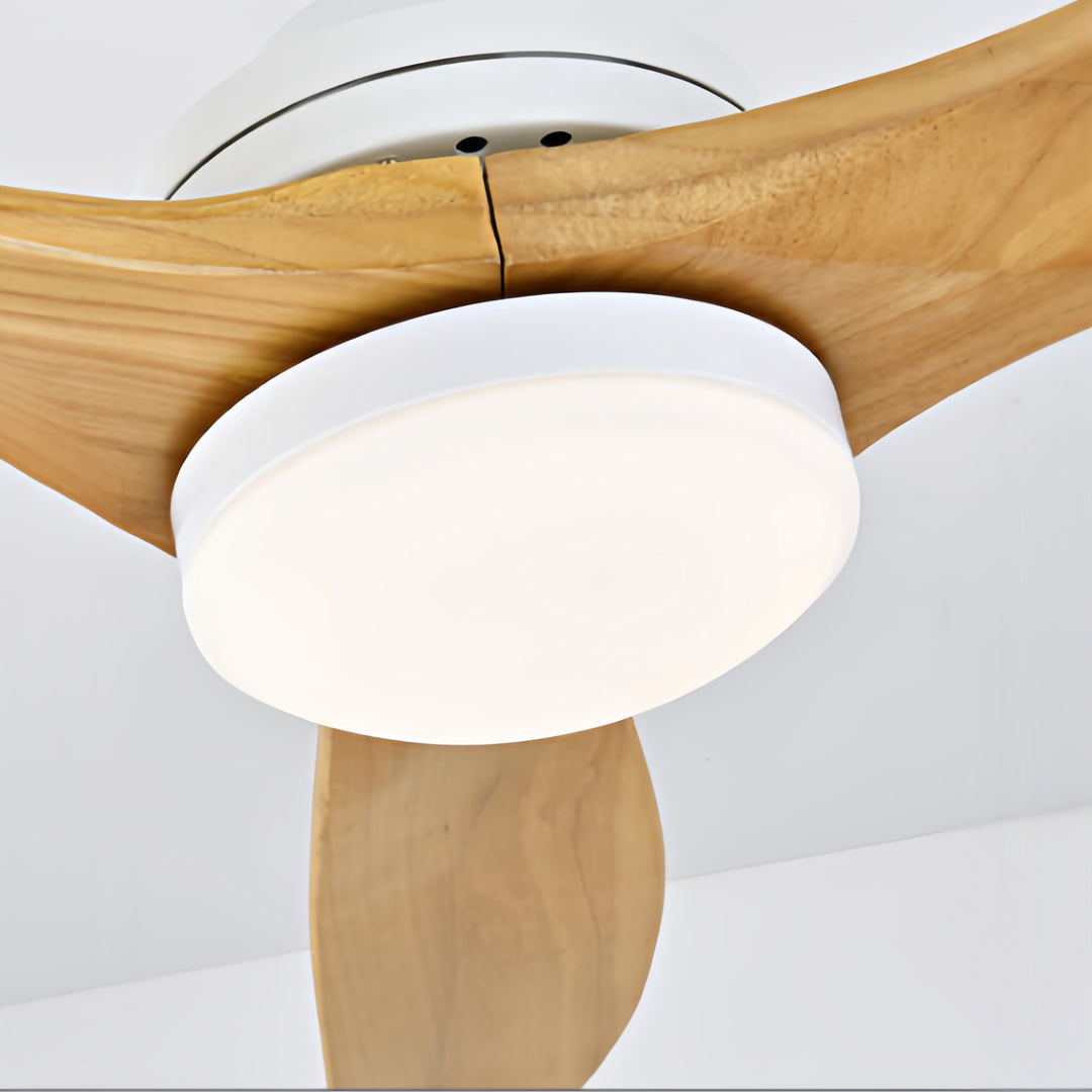 3 blade ceiling fan with light mounted above wooden furniture showing integrated LED illumination
