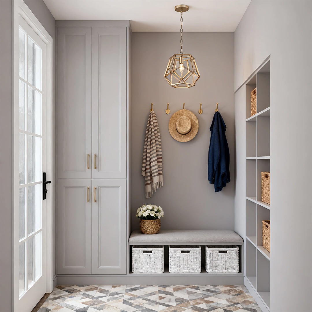 Gold hanging pendant light illuminating a mudroom with gray built-in cabinets and a bench area, providing focused ambient lighting.