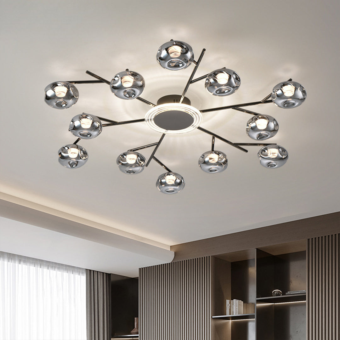 Multi-arm large semi flush mount lighting fixture mounted in contemporary residential ceiling installation