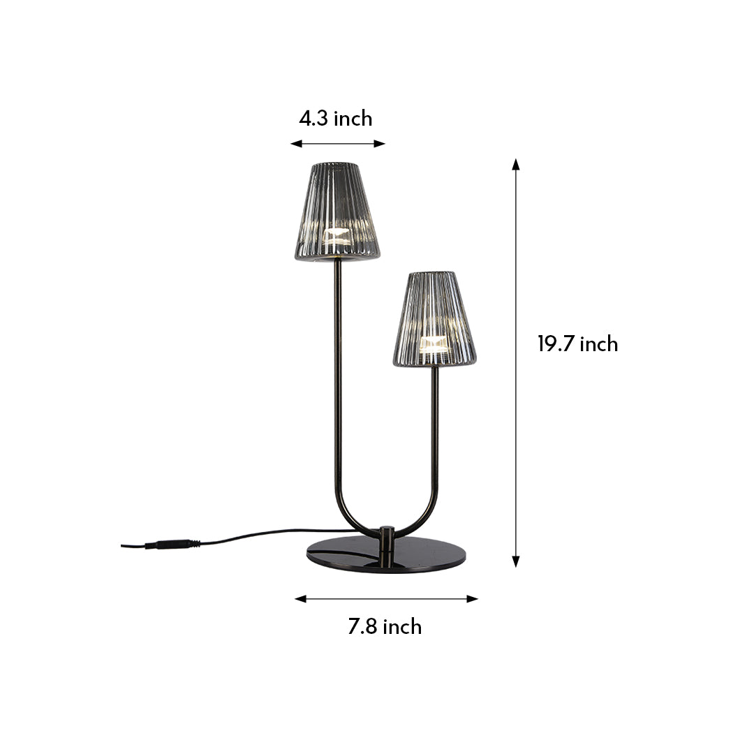Technical drawing with dimensions for multi-arm table lamp featuring two pleated glass shades