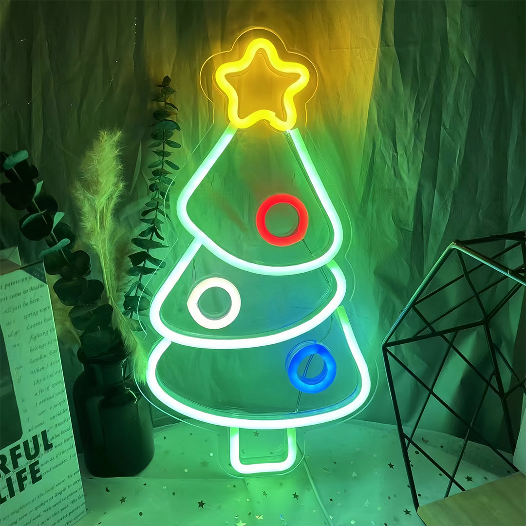 Multi-color holiday neon sign, like a Christmas tree, used alongside halloween neon lights for seasonal decor.