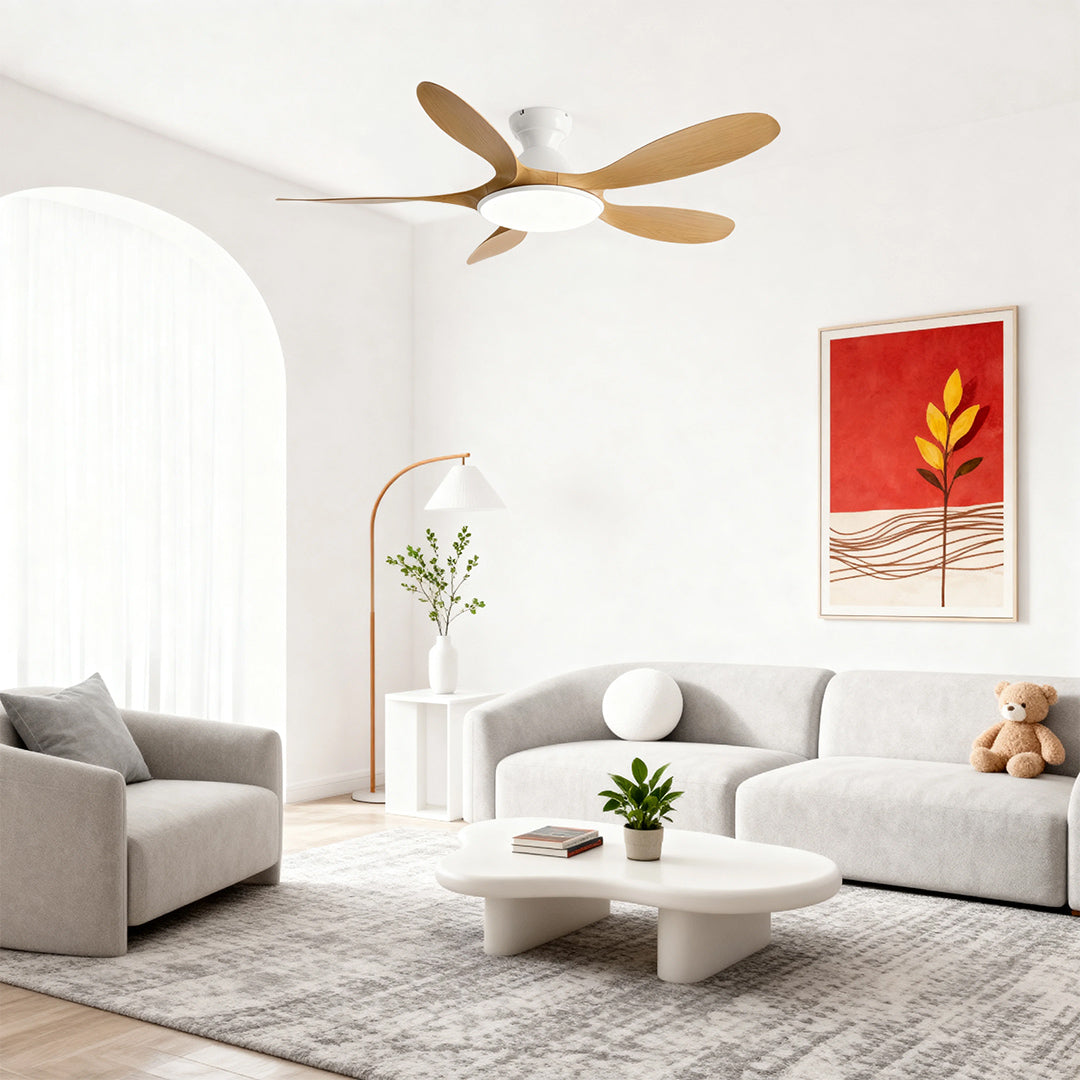 Multi-colored 5 blade ceiling fan with light enhancing cheerful kids room with toy storage