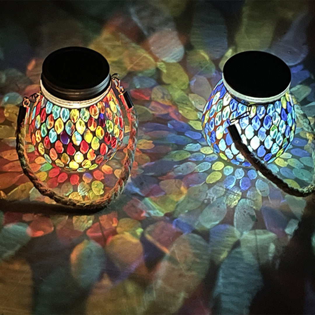 Multi-colored mosaic solar light with warm tones and traditional hanging design