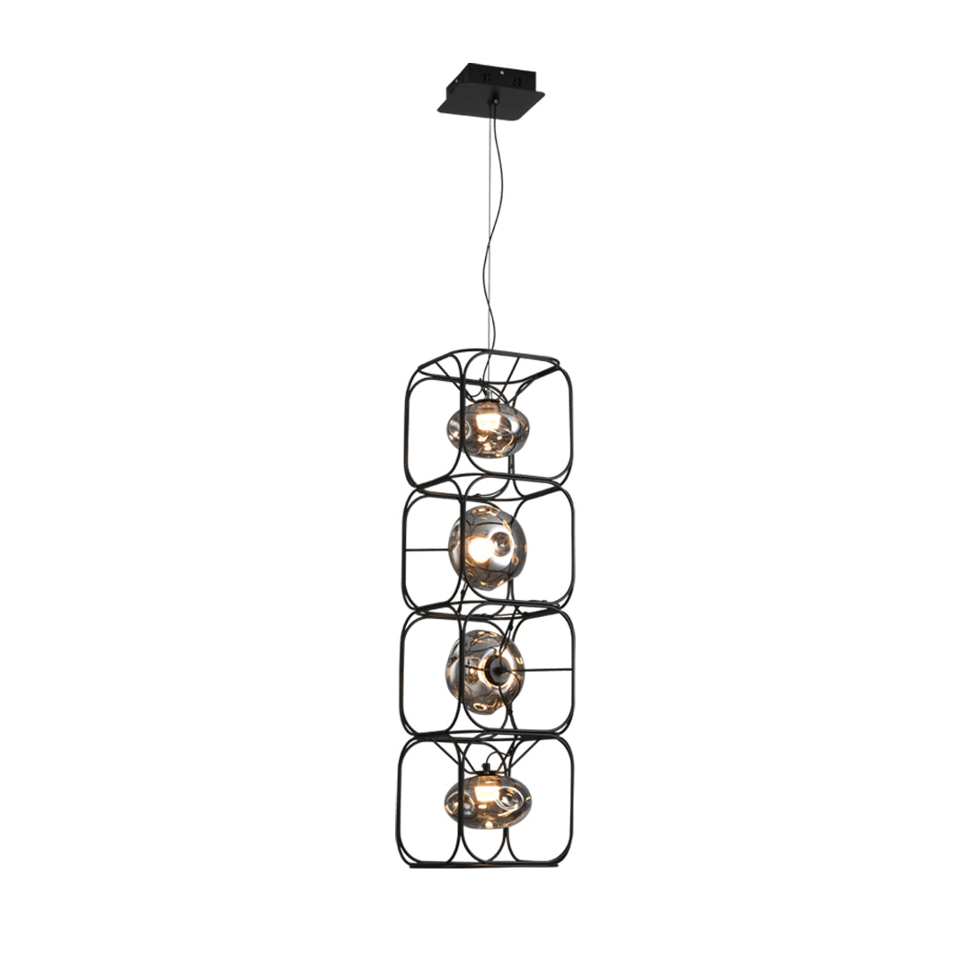 Multi-level caged pendant light with four wire frame sections creating dramatic vertical lighting fixture