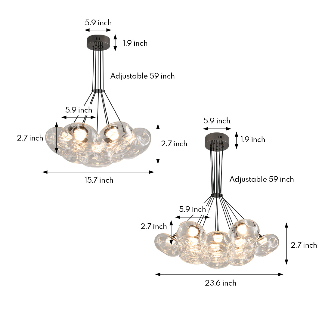 Technical diagram of multi light chandelier showing detailed specifications and glass bulb cluster configuration
