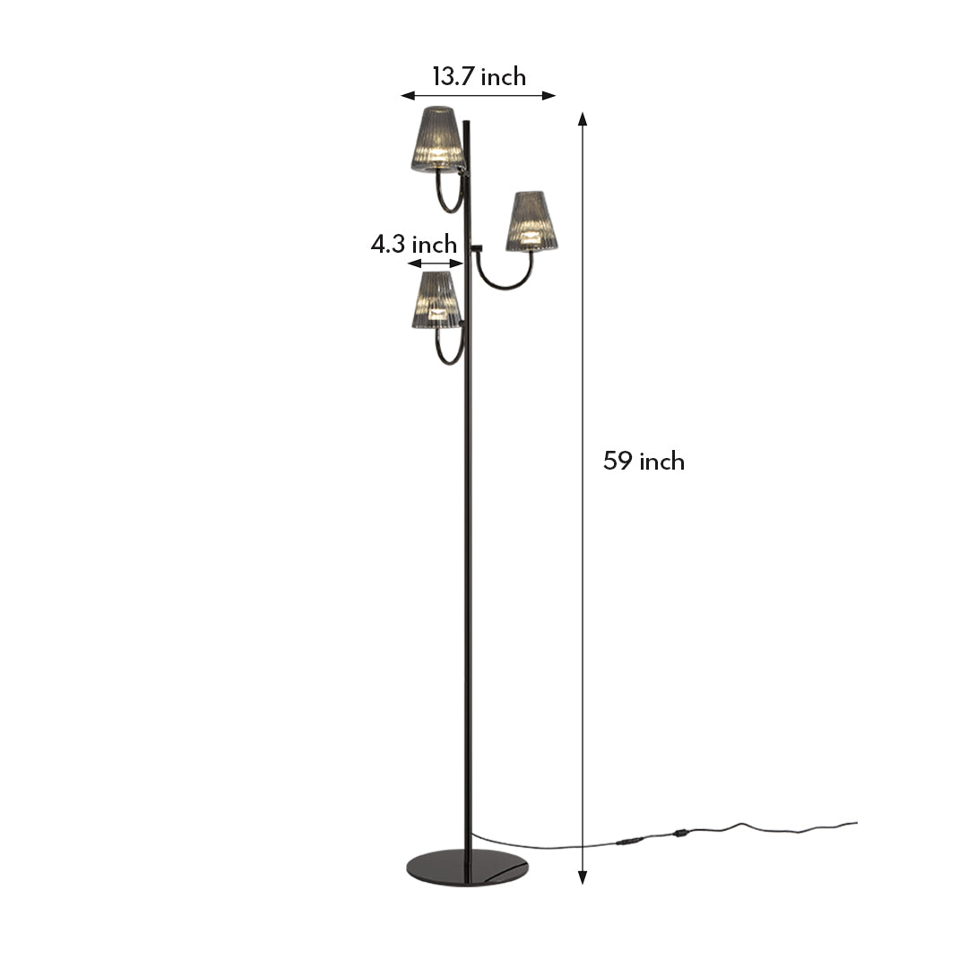 Technical specification drawing showing measurements and design details for multi-light floor lamp