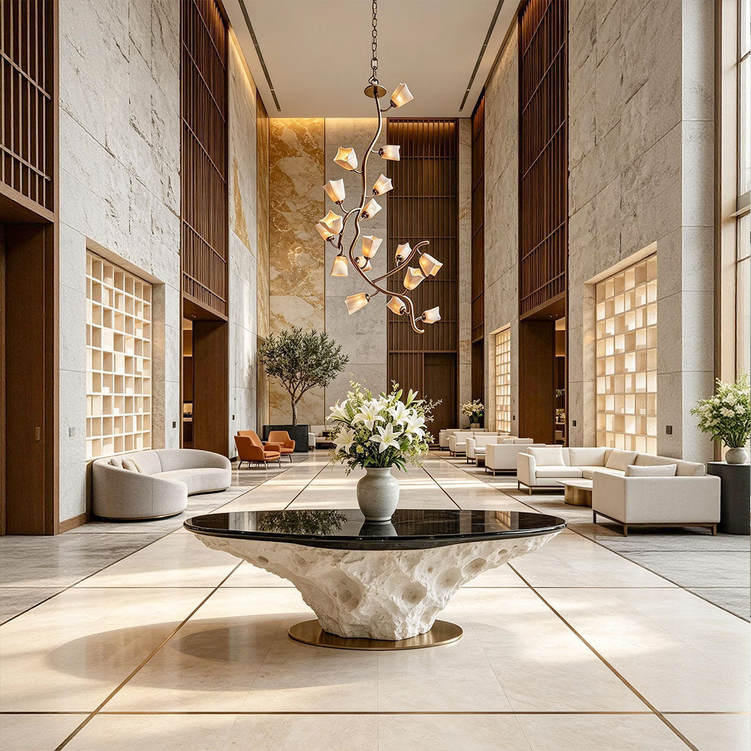 Multi light pendant chandelier hanging in a grand double-height living space with stone walls and elegant seating.