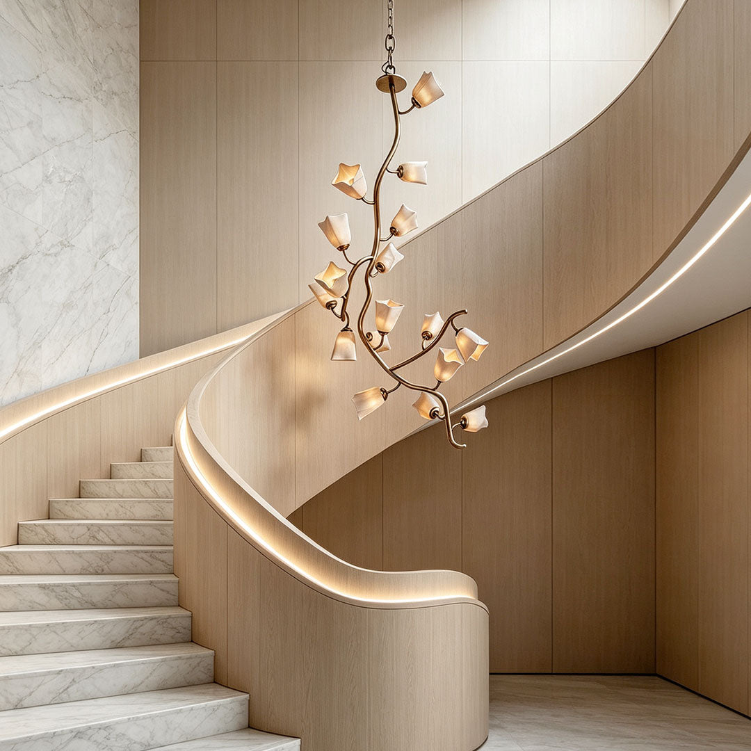 Multi light pendant chandelier displayed above a sculptural curved staircase in a modern interior.