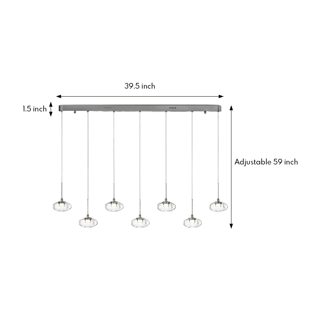 Technical specification drawing of multi light pendant lighting showing linear arrangement with multiple glass shade measurements